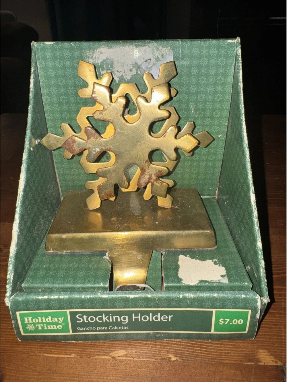 Vintage Snowflake Christmas Stocking Hanger Very Heavy, Brass Look. New in box